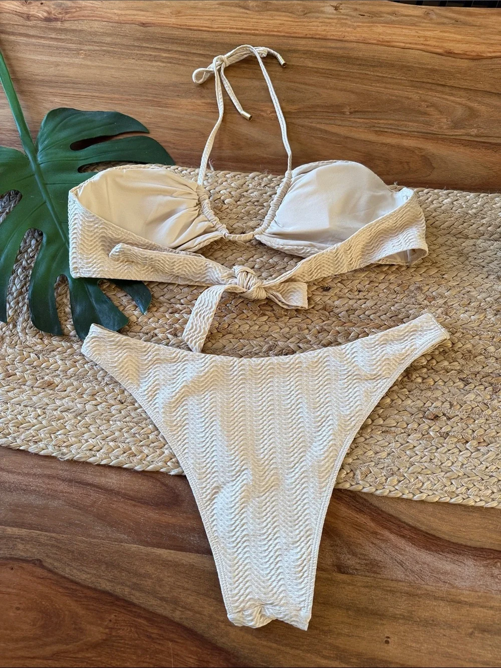 Monday Swimwear Cream Vanilla Bandeau Textured Bikini Set Med/Lg